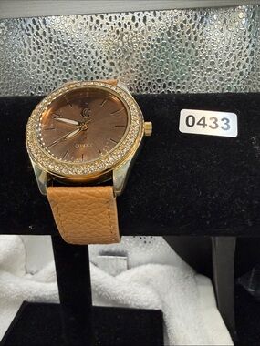 Charming Charlie Gold-Tone Watch with Brown Dial and Tan Leather Strap